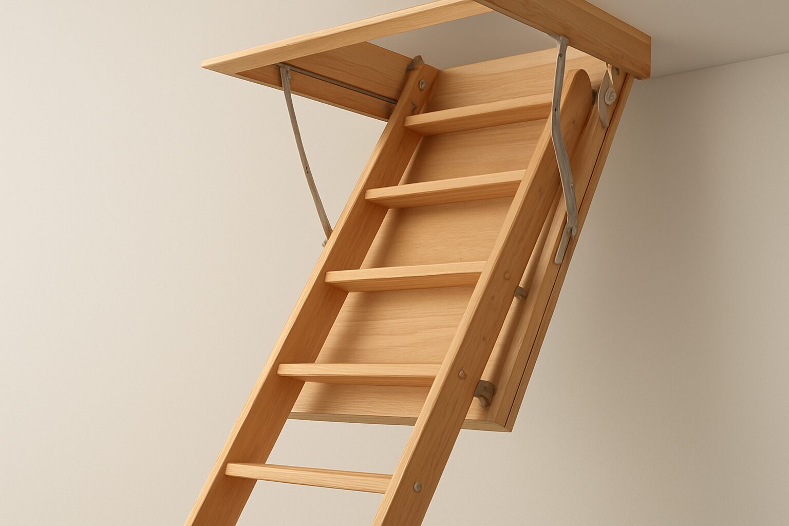 A wooden loft ladder extending from a ceiling hatch in a minimalist interior